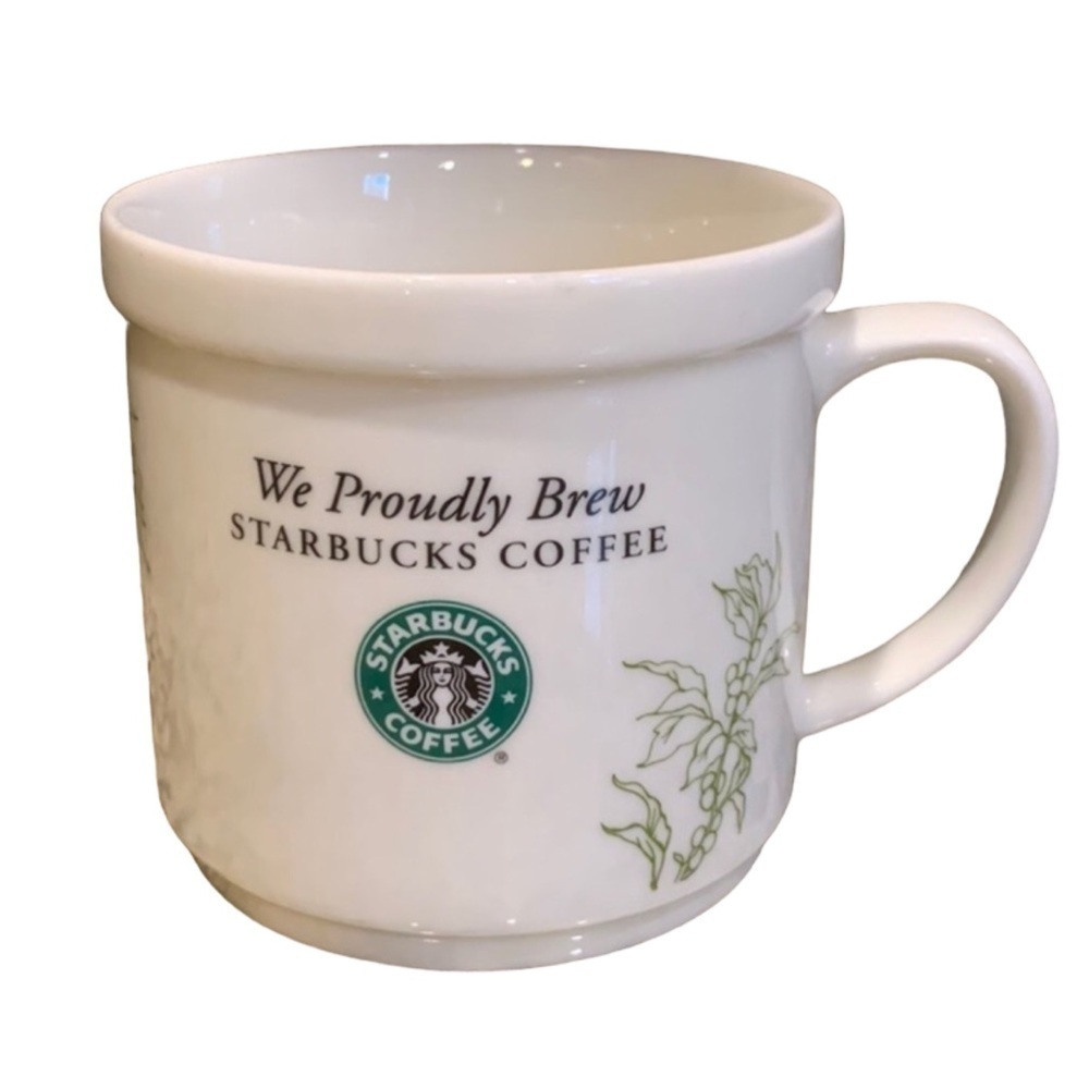 We Proudly Brew Starbucks coffee mug 12 ounces White and green